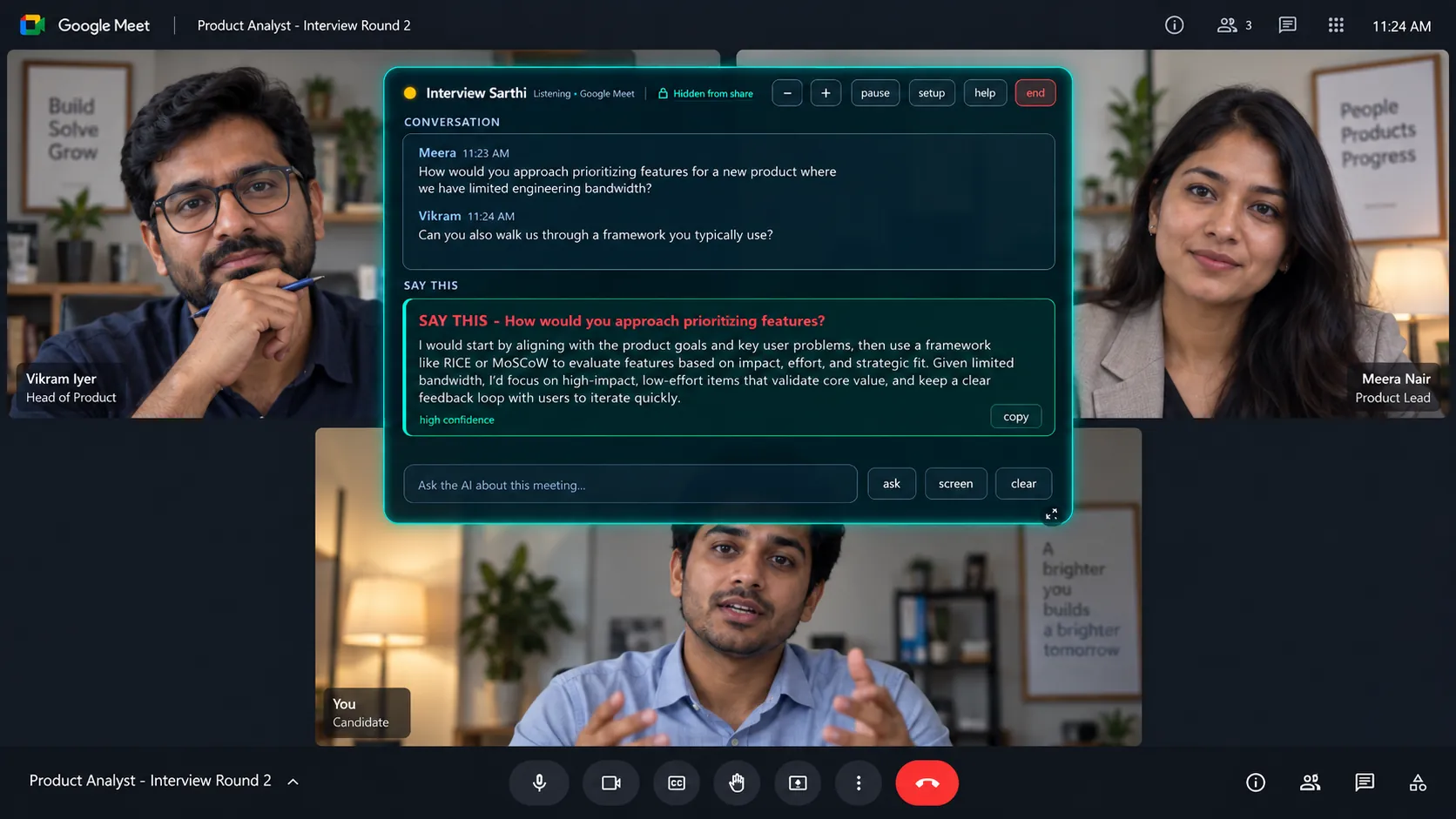 A Google Meet interview round with the Interview Sarthi panel over it: the interviewers' questions in a conversation list, and a suggested answer marked Say this with a copy button.