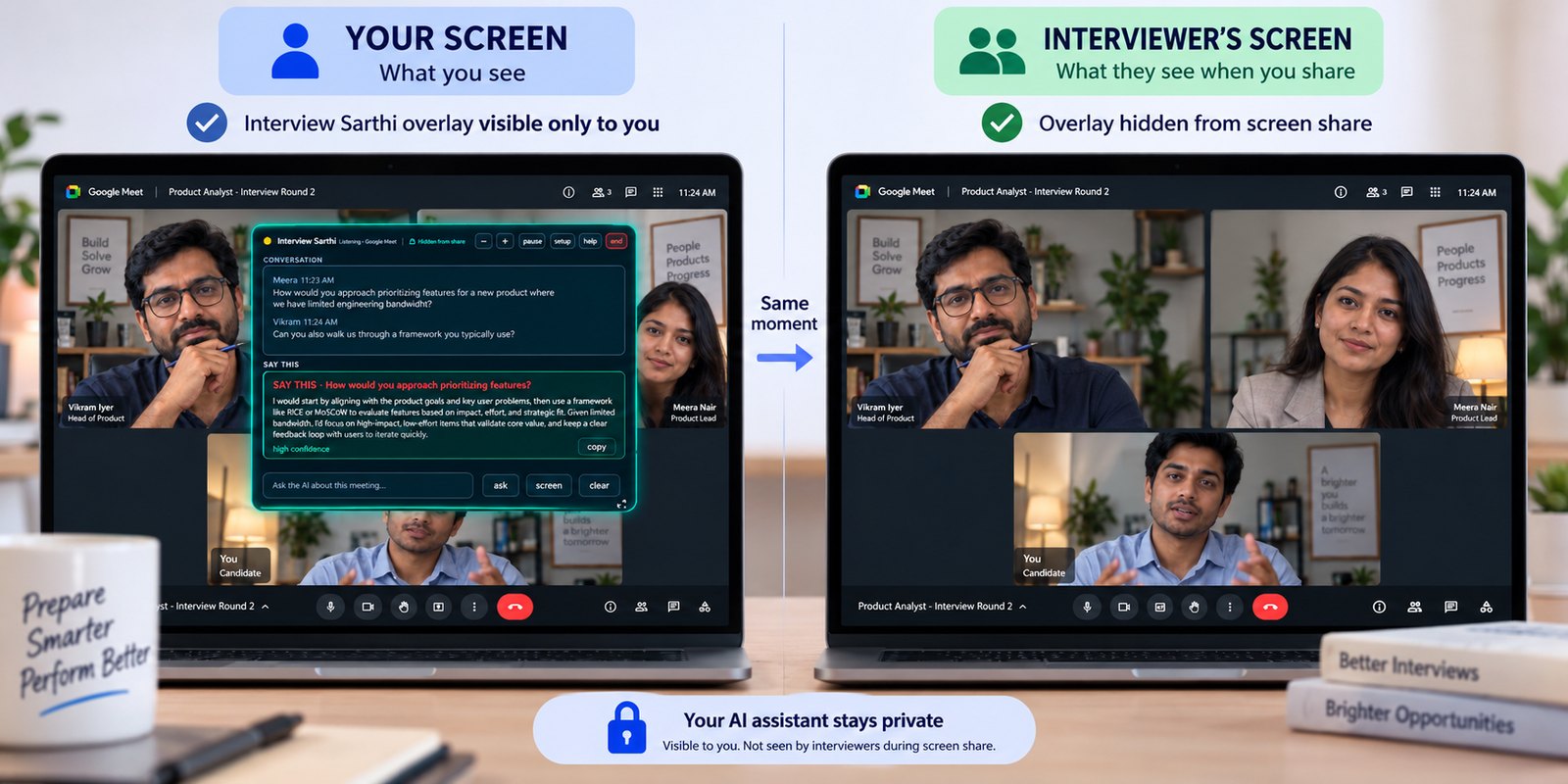 Two laptops at the same moment of a Google Meet interview: the candidate's screen shows the Interview Sarthi panel with a suggested answer; the interviewer's screen shows only the call.