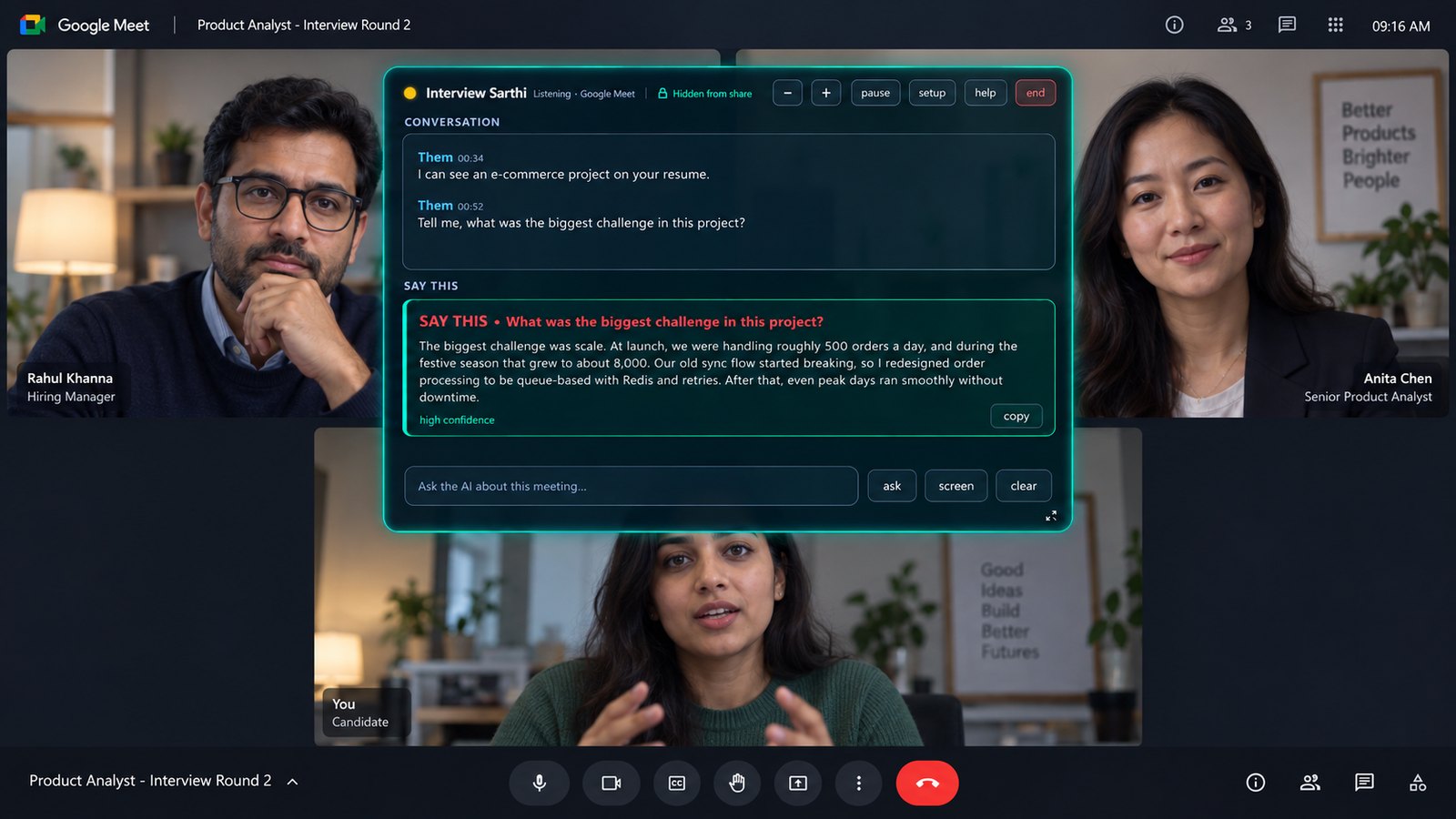 A Google Meet interview round with the Interview Sarthi panel over it: the interviewer's questions in a conversation list, and a suggested answer marked Say this with a copy button.