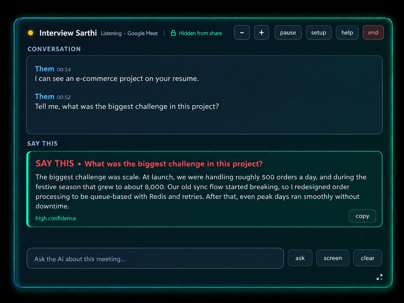 The Interview Sarthi panel: a conversation list with the interviewer's last two questions, a Say this box with a suggested answer and a copy button, and a field to ask the AI about the meeting.