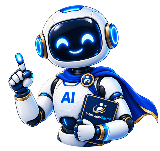 The Interview Sarthi mascot: a friendly robot holding a tablet
