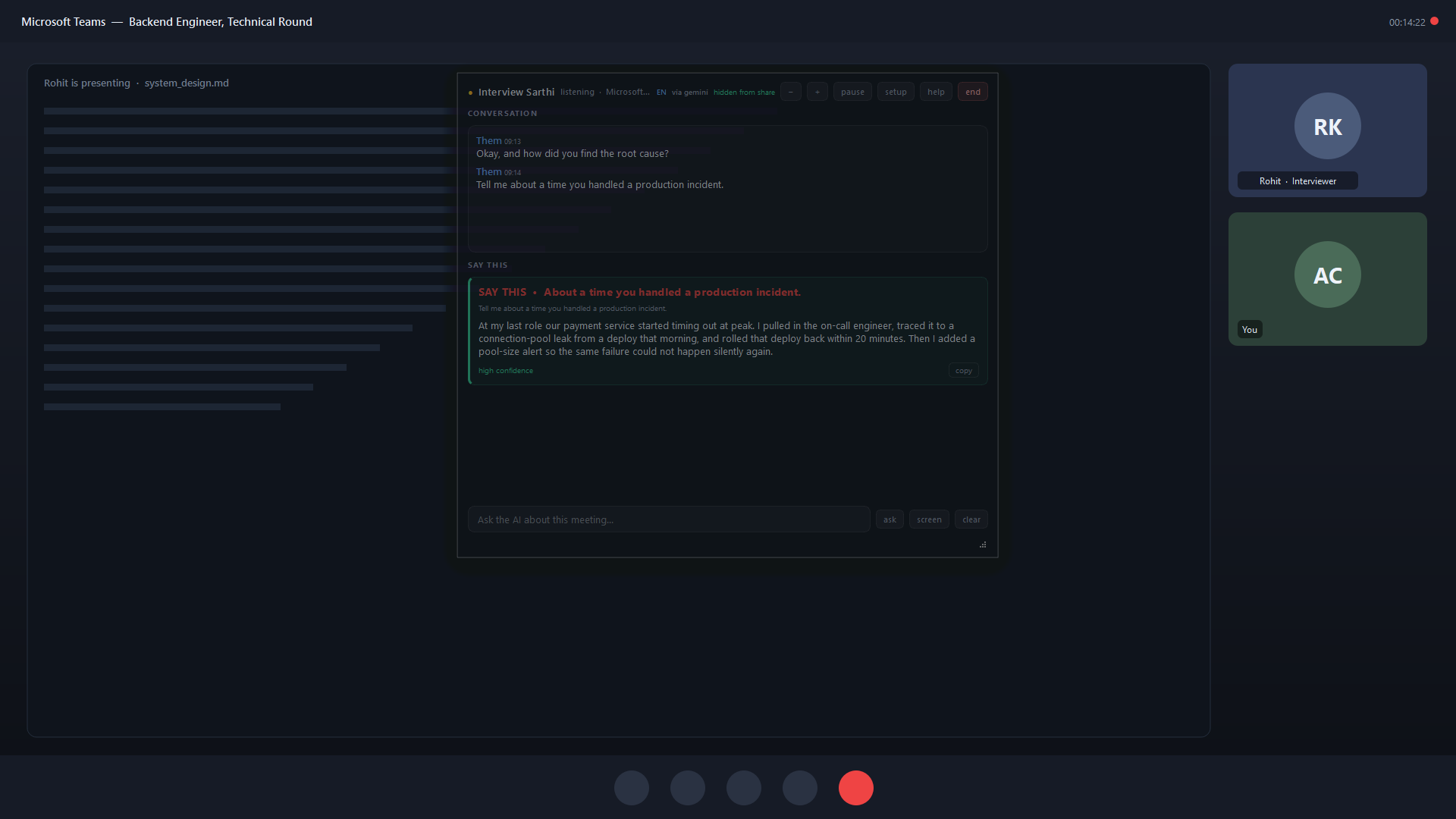 Existing Live Sarthi interface example showing a suggested first-person answer to a project and debugging question