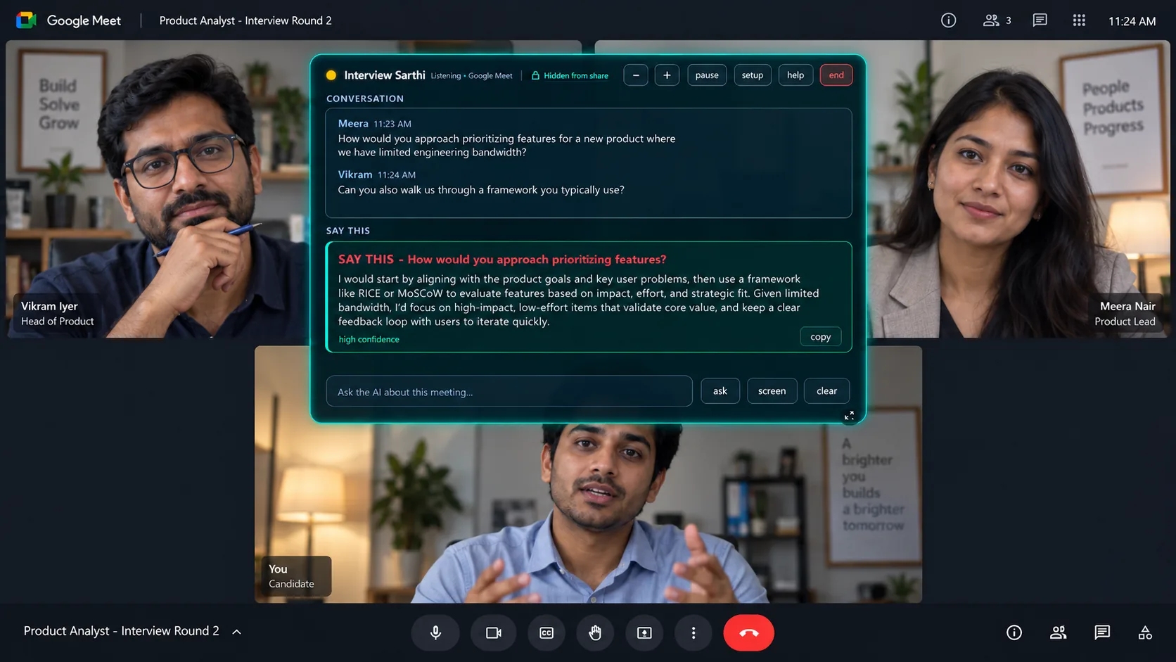Existing Live Sarthi demonstration with answer suggestions alongside an interview call